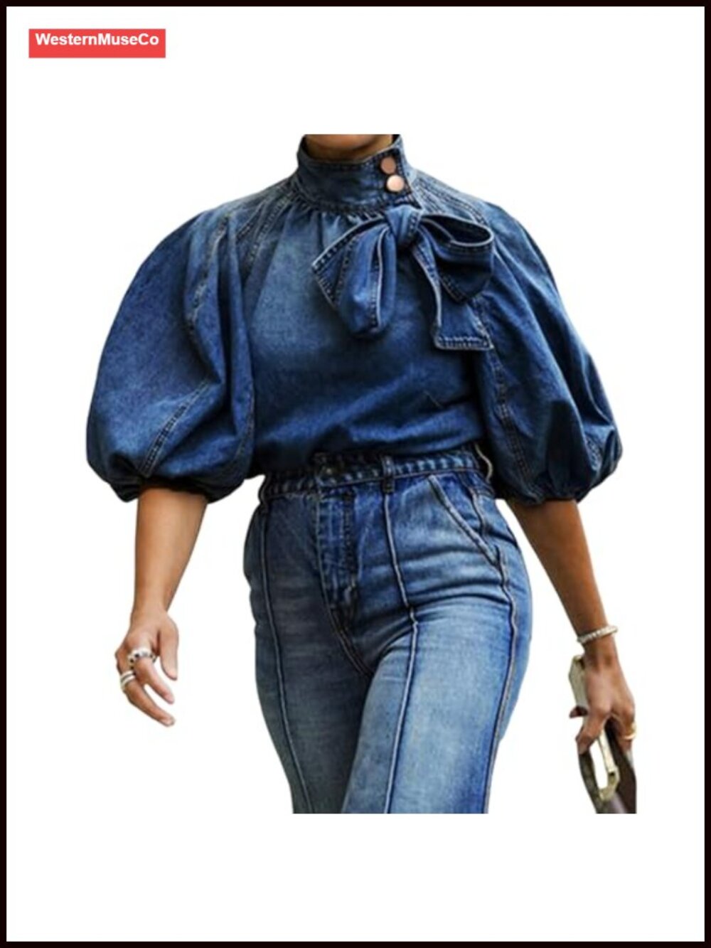 Women's Denim Pullover Top Bow Design Button Up High Neck Puff Sleeves